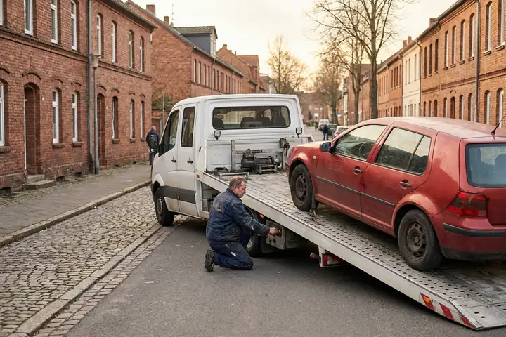 Symbolbild: Ein Autotransporter lädt einen roten Gebrauchtwagen in einer Straße mit Backsteinhäusern auf
